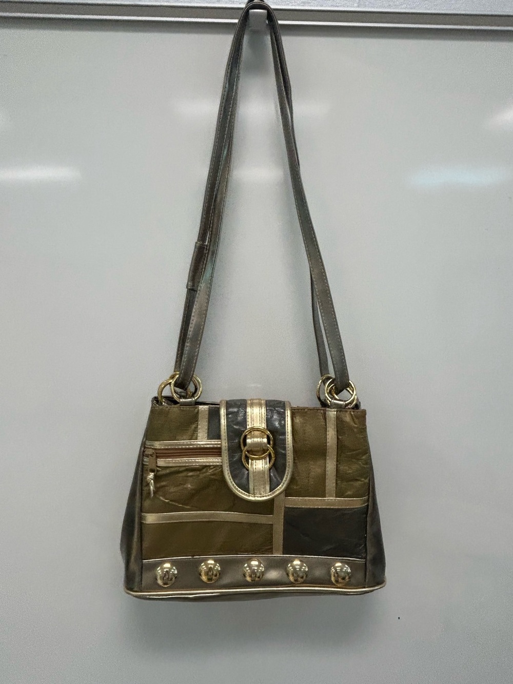 Vintage Warren Reed leather Metallic Patchwork Shoulder Bag with Gold Accents